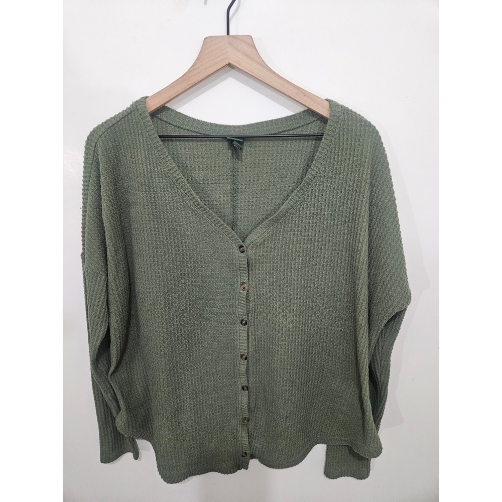 Wild Fable Olive Green Waffle Knit Cardigan V-Neck Button Front Top Large